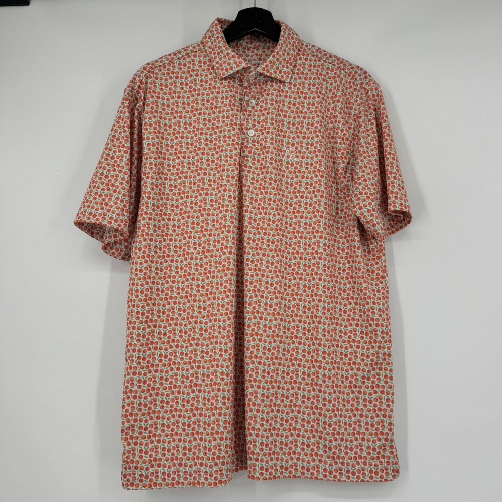 Rhoback Mens Medium The Peach State Performance Polo Shirt Orange Fruit Print